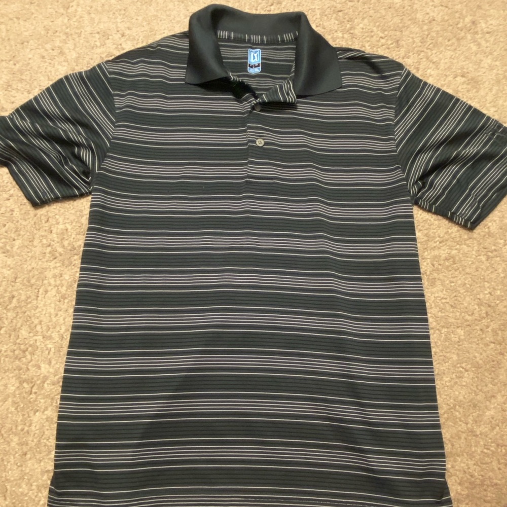 PGA TOUR black striped collared polo shirt for golf, embroidered emblem size s